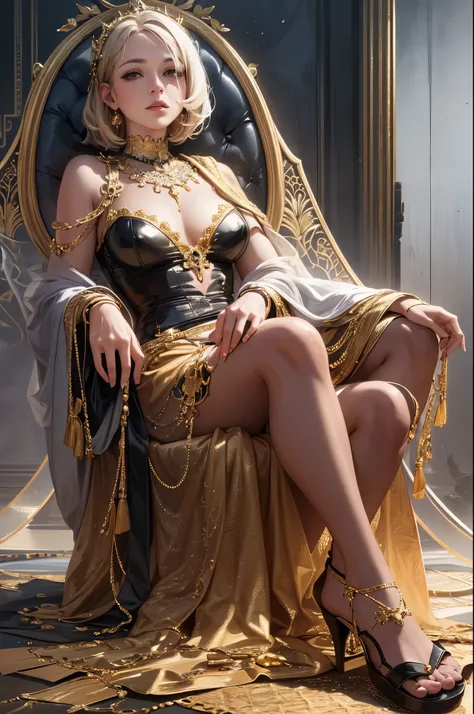 full body shot, masterpiece, best quality, (photorealistic:1.4), a photo of a beautiful blonde woman, wearing gold alienzkin clothing, gold alienzkin crown, futuristic throne, 