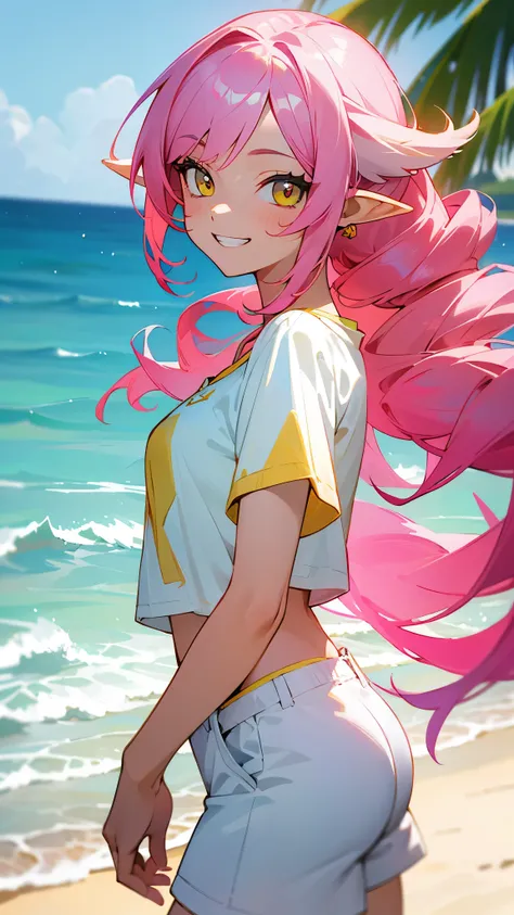 16-year-old girl、Pink Hair、Long Hair、Twin Drill、Beautiful yellow eyes、Pointed Ears、grin、From the side、White T-shirt、White shorts、Anime-style paintings、Very detailed、Vibrant colors、Beach Scenery、Soft lighting、Summer mood