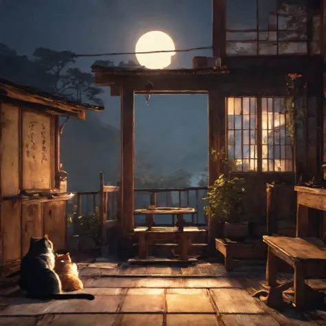 highres, absurdres, detailed background, cat, dog, User Interface of fps game, night, japanese house, deteriorated furniture, windows, moonlight, good lighting, cinematic shadow,