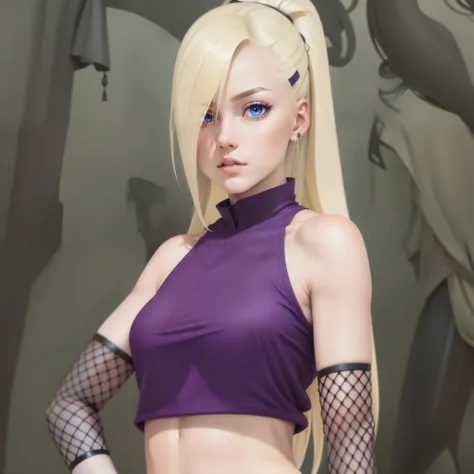 ((Best Quality: 1.5)), ((Masterpiece: 1.2)), ((Realistic Cartoon: 1.3)), ((Perfect Character: 1.5)) (masterpiece: 1.2) 1girl, a closeup of a person in a purple top and black gloves, INO of naruto, inspired by INO, as an anime character, Ino Yamanaka of nar...