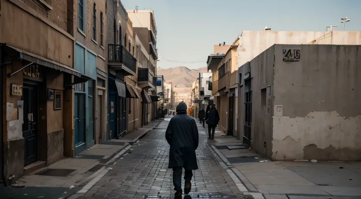 "A old men passing by a deserted street in Waterfront, Cape Town, with a mural (old wall) depicting torn hearts on an outdoor billboard. (best quality, highres), with ultra-detailed and realistic portrayal, showcasing the vibrant colors and bokeh effect. T...