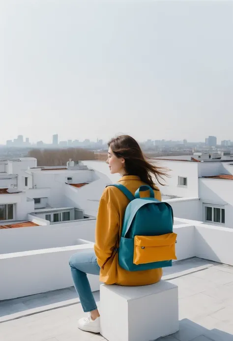 Girl with backpack on rooftop，The backpack is filled with happy spring，Simple lines，Minimalism，abstraction，Lots of white space