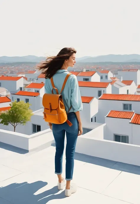 Girl with backpack on rooftop，The backpack is filled with happy spring，Simple lines，Minimalism，abstraction，Lots of white space