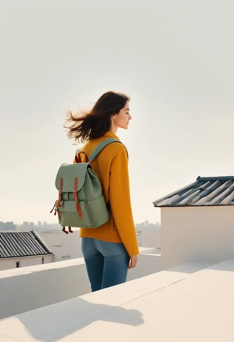 Girl with backpack on rooftop，The backpack is filled with happy spring，Simple lines，Minimalism，abstraction，Lots of white space