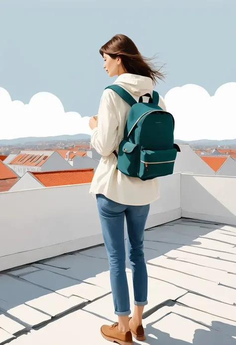 Girl with backpack on rooftop，The backpack is filled with happy spring，Simple lines，Minimalism，abstraction，Lots of white space