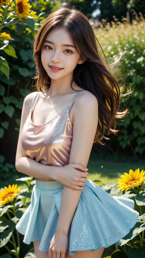 20 years beautiful Girl, korean Girl, 64K, (masterpiece: 1.4), ((Beautiful glitter seafoam Blue colour T-shirt)), ((starfish pink skirt)), ((skirt : 1.2)), nature background, beautiful smile, (smile: 1.2), detailed background, detailed dress, ultra HD imag...