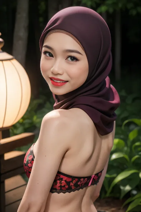 G-STRING & THONG, (Happy smile), (((HIJAB MALAY GIRL))), masutepiece, High quality, UHD 32K, Realistic face, Realistic skin feeling , A Japanese Lady, 8 years old, , Very cute and baby-like face, (((FLAT CHEST))), (Night time at forest), ((look In front  a...