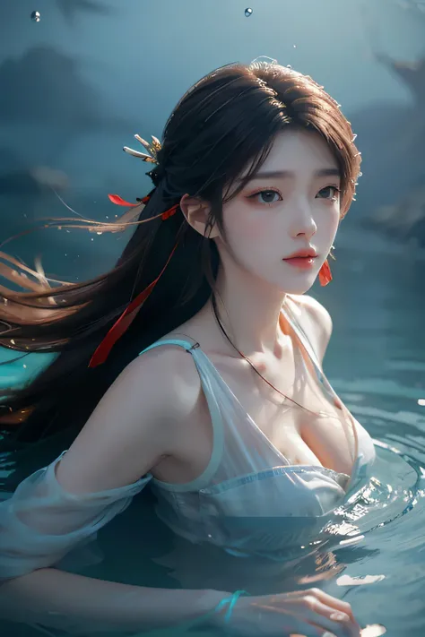 gufeng,bare shoulders,best quality，masterpiece，ultra high resolution，clear face,（Realism：1.4），RAW photos，cold light，Woman underwater，Full body image，wallpaper anime blue water，Gurwitz-style artwork，Close-up fantasy of water magic，author：Yang Jie，Gurwitz，A ...