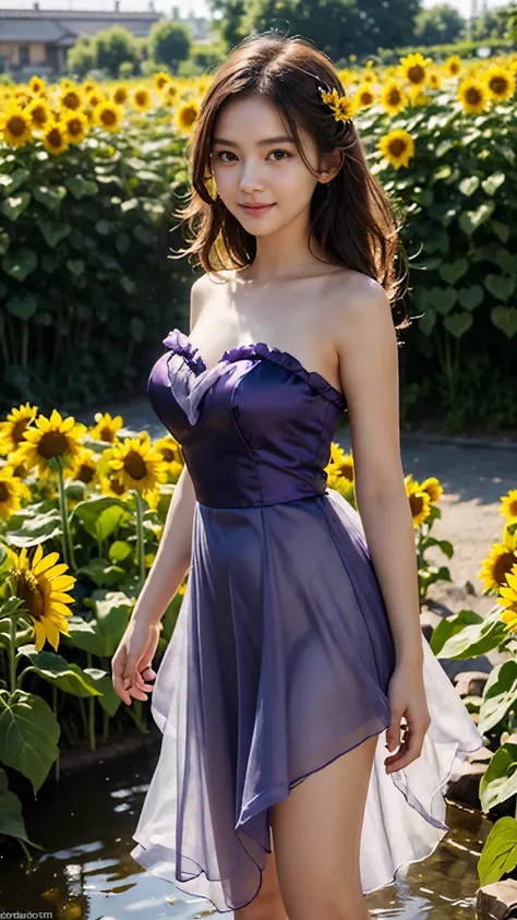 20 years beautiful Girl, korean Girl, 64K, (masterpiece: 1.4), ((Silk Blend Liquid Look Satin purple organza Strapless Dress)), nature background, beautiful smile, (smile: 1.2), detailed background, detailed dress, ultra HD image quality, ((standing in mid...