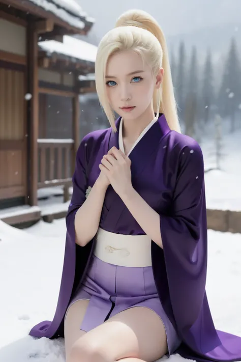 yamanaka ino, purple kimono, snowing, sitting, blue eyes