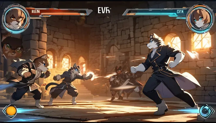 highres, absurdres(highly detailed beautiful face and eyes)perfect anatomy(kemono, furry anthro)(super handsome 2boys, pair)good lighting, cinematic shadow, detailed background, User Interface of Fighting game, dungeon, Crisis, assorted poses, assorted exp...