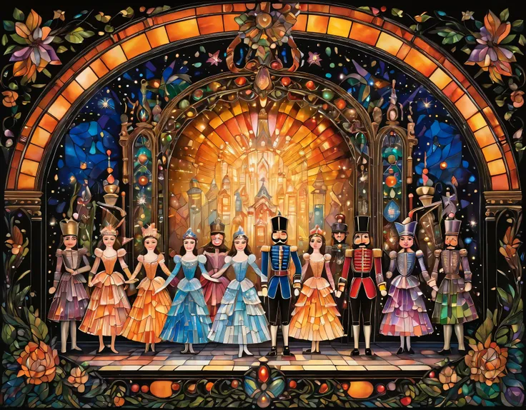 best quality, super fine, 16k, incredibly absurdres, extremely detailed, dramatic drawing of the Nutcracker, the characters are monochrome black shadow puppets, the background is iridescent colorful jewels and stained glass, orange-tinged lighting