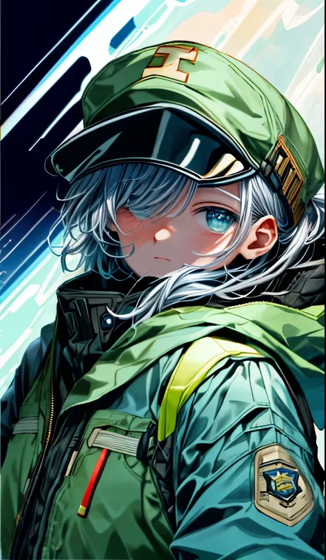 A female soldier with a space theme、laughing、military cap、Silver Medal