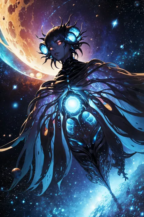 "cosmic entity": um ser com quatro olhos brilhantes, multiple arms, A breathtaking view from space reveals a twisted galaxy filled with strange life forms and entities that humans understand. Planet with night sky, fenda, leviathan, 8k, lindo, dramatic sce...