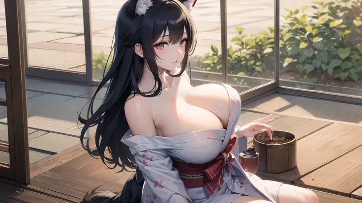 (((masterpiece, best quality))), (((superior quality))), cute girl, ((extremely detailed girl)), ((huge breasts)), fox ear, yukata, (bare shoulders), strapless top, random expression