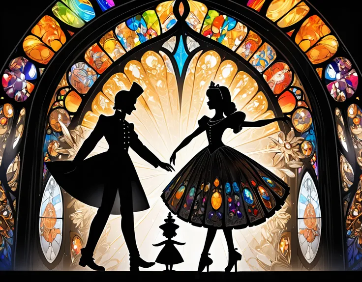 best quality, super fine, 16k, incredibly absurdres, extremely detailed, dramatic drawing of the Nutcracker, the characters are monochrome black shadow puppets, the background is iridescent colorful jewels and stained glass, orange-tinged lighting