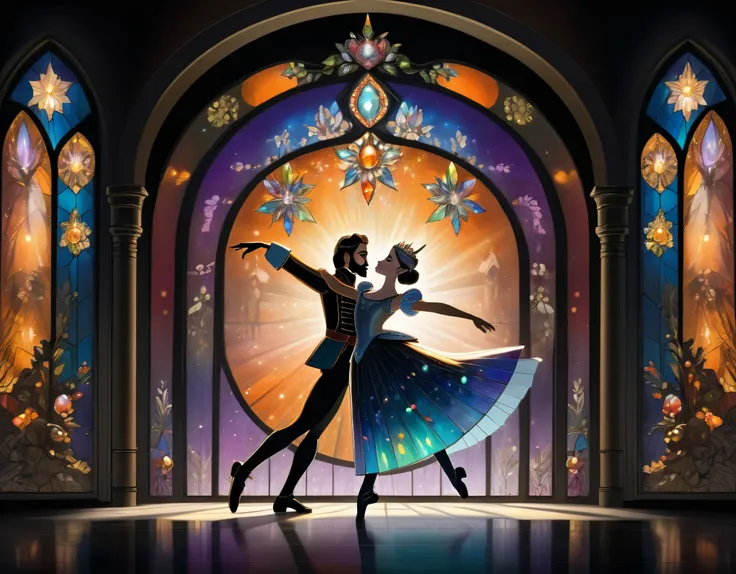 best quality, super fine, 16k, incredibly absurdres, extremely detailed, dramatic drawing of the Nutcracker, the characters are monochrome black shadow puppets, the background is iridescent colorful jewels and stained glass, orange-tinged lighting