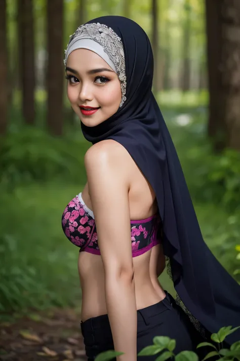 Lie down, Lace, (Happy smile), (((HIJAB MALAY GIRL))), masutepiece, High quality, UHD 32K, Realistic face, Realistic skin feeling , A Japanese Lady, 8 years old, , Very cute and baby-like face, (((FLAT CHEST))), (Night time at forest), ((look In front  at ...