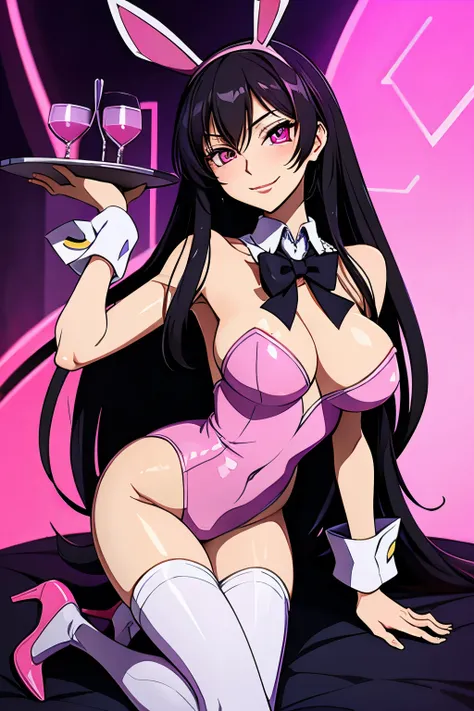 (high quelity), Female Lelouch Lamperouge, long hair, pink bunny suit, white stockings, pink high heels, tray on a hand, sexy smile, light blush, looking at viewer, big breasts, precise hands