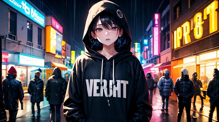 juvenile
HIP-HOP Fashion
Big Hoodies
Hooded
Describing upper body
Describing perfect facial expression
Describing perfect hair
Describing perfect clothes

At night
Neon street
Rain
