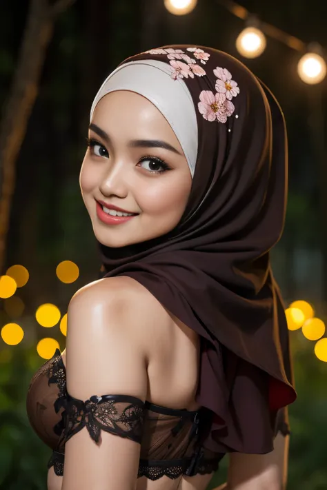 ((Lace)), (Happy smile), (((HIJAB MALAY GIRL))), masutepiece, High quality, UHD 32K, Realistic face, Realistic skin feeling , A Japanese Lady, 8 years old, , Very cute and baby-like face, (((FLAT CHEST))), (Night time at forest), ((look In front  at the ca...