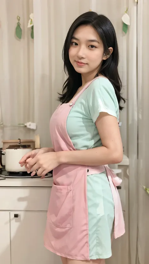 vogue style side view photo shoot of 1 malay 20years old young woman wear  (( kitchen apron)) with pastel colours background in ...