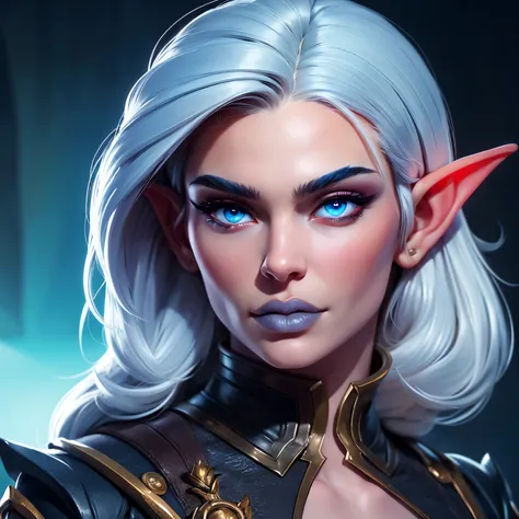 beautiful portait of night_elf female in her 20s with fit body , perfect face feature ,(pale blueish skin:1.5) (blunt bob hair), (silver hair color), (blue eyes color), thick kissable lips , thin nose ,pointy ears, (shenelf)