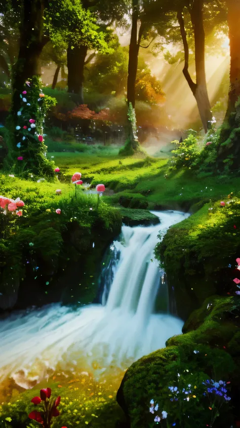 masterpiece, best quality, high quality,extremely detailed CG unity 8k wallpaper, An enchanting and dreamy scene of  a fantasy forest,orange and yellow sky,sunset shinning stunning light effect,with towering trees, flowers colorful,hidden fairy glens, crea...