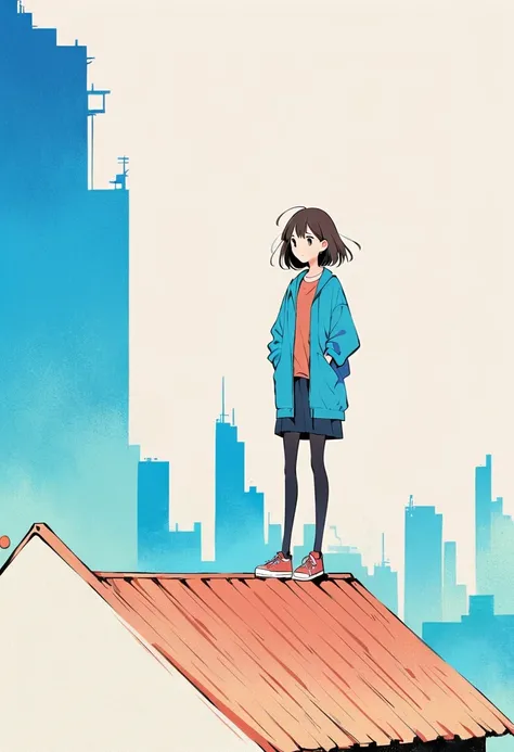 (Person Standing on the Rooftop:1.3)，Girl on the rooftop，Simple lines，Minimalism，Abstract Art，City background