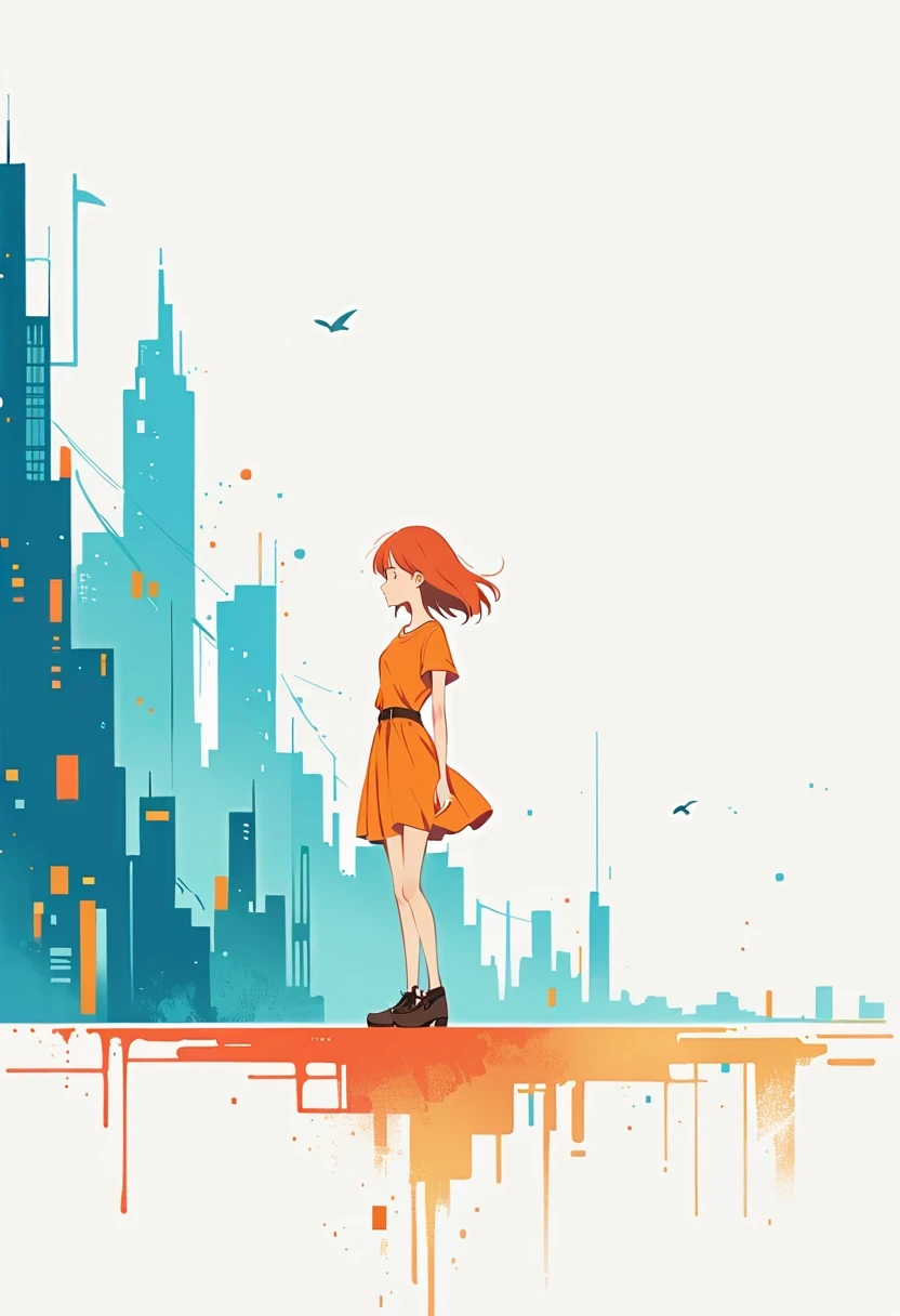 (Person Standing on the Rooftop:1.3)，Girl on the rooftop，Simple lines，Minimalism，Abstract Art，City background