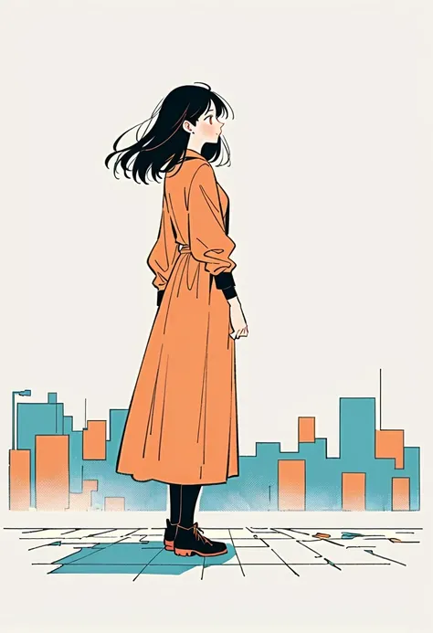 (Person Standing on the Rooftop:1.3)，Girl on the rooftop，Simple lines，Minimalism，Abstract Art，City background