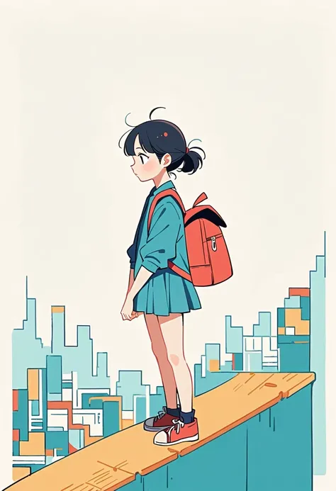 (Person Standing on the Rooftop:1.3)，Girl with backpack on rooftop，Simple lines，Minimalism，Abstract Art，City background