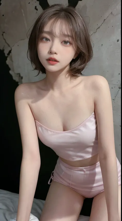 Highest quality、Live Shooting、Ultra-high resolution、21 year old Korean、Small breasts、Dynamic angle、Cowboy Shots、The most beautiful form of chaos、elegant、Brutalist Design、Vibrant colors、Short Bob、Shiny white skin、Beautiful eyes with random colors、Very thin ...