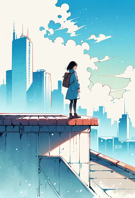 (Standing on the rooftop with railings:1.3)，Girl with backpack on rooftop，Simple lines，Minimalism，Abstract Art，City background