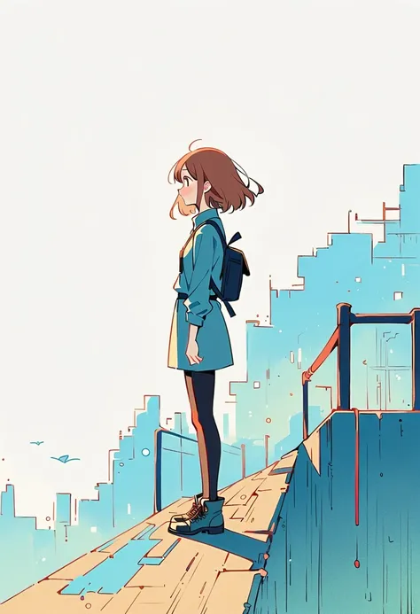 (Standing on the rooftop with railings:1.3)，Girl with backpack on rooftop，Simple lines，Minimalism，Abstract Art，City background