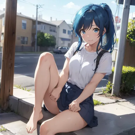 a matter of fact, daytime, sunlight, 1 woman, 8K resolution, ponytail, blue hair,  blue eyes, glowing eyes, white short skirt, Blush, track field, sunlight, Strapless shirt, Wet from the rain, seethrough, Sit with your knees raised, Spread your legs, M leg...