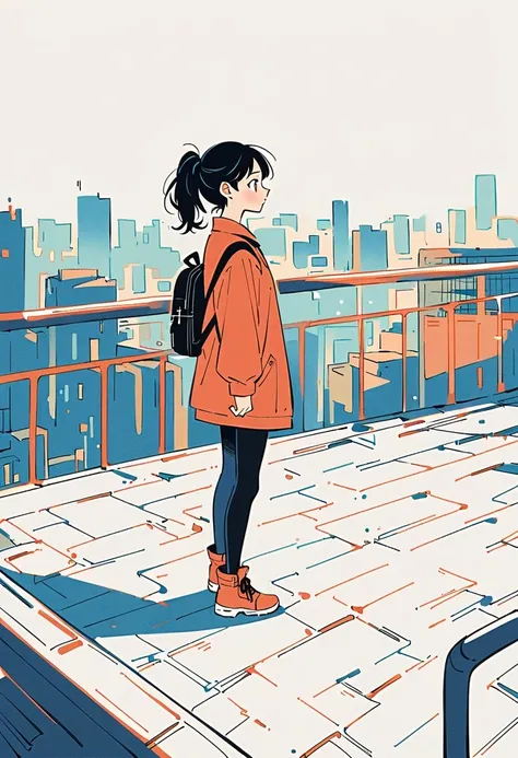 (Standing on the rooftop with railings:1.3)，Girl with backpack on rooftop，Simple lines，Minimalism，Abstract Art，City background