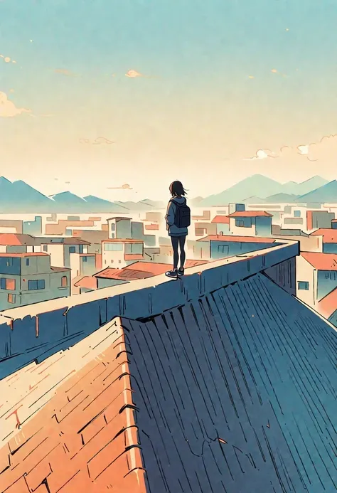 (Stand on the rooftop:1.3)，Girl with backpack on rooftop，Simple lines，Minimalism，Abstract Art，City background