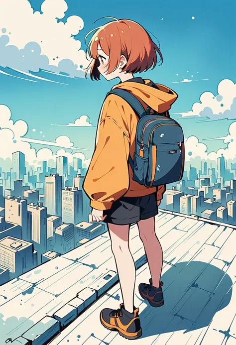 (Standing on the rooftop:1.3)，Girl with backpack on rooftop，Simple lines，Minimalism，Abstract Art，City background