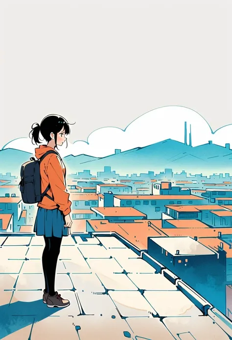 (Standing on the rooftop:1.3)，Girl with backpack on rooftop，Simple lines，Minimalism，Abstract Art，City background