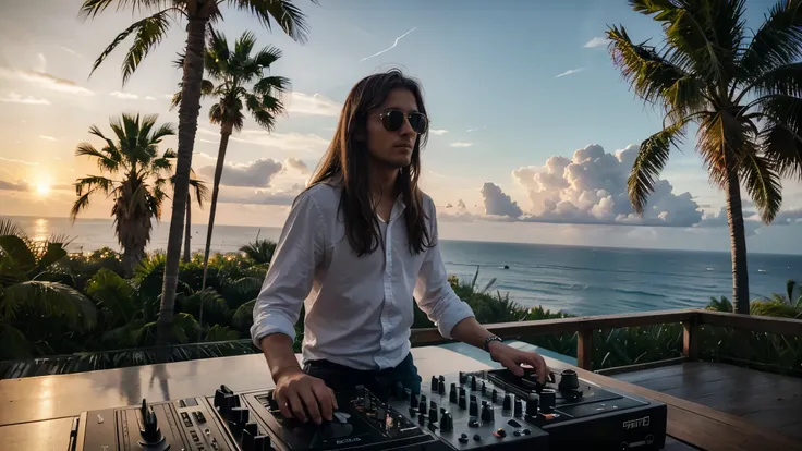 Visualize a vibrant and energetic stage where a passionate DJ takes center stage, capturant lessence dun moment magique de musique en plein air. Ce DJ, Cool et confiant, wears stylish sunglasses that reflect the last rays of the sun, ajoutant une touche de...