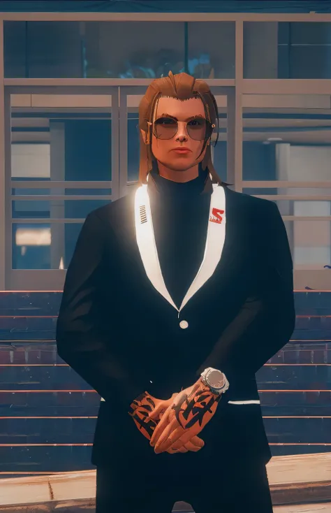 gta character, highly detailed character,gta 6 style male with black suit brown hair with glasses asian tattoo on hands