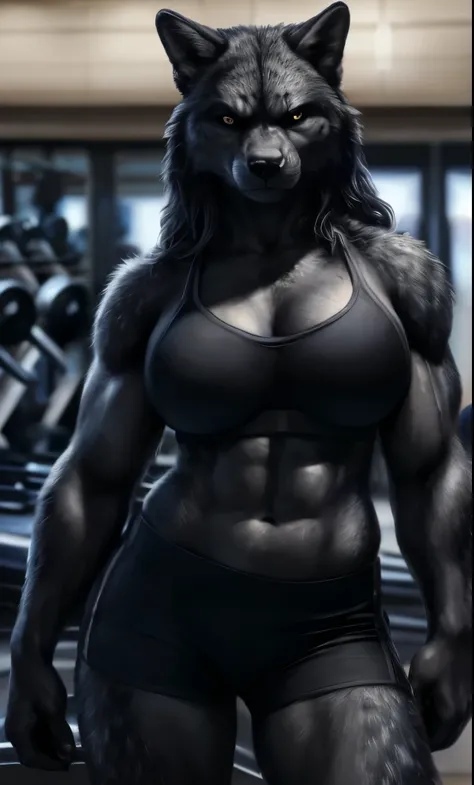 Wolf, leopard, anthro, portrait, spotted fur, (((full body portrait))), (((black bra))), (((light black face))), (((light blacl fur))), (((black short pants))), (((light black body))), muscular female, biceps, muscular biceps, white eyes, curvy, voluptuous...