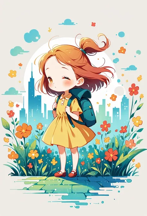 (Standing on the rooftop:1.3)，Girl with backpack on rooftop，The backpack is filled with happy spring，Simple lines，Minimalism，Abstract Art，City background