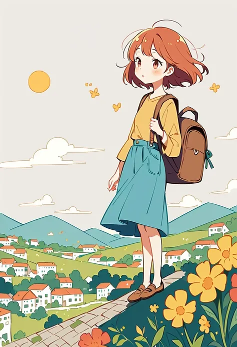 (Standing on the rooftop:1.3)，Girl with backpack on rooftop，The backpack is filled with happy spring，Simple lines，Minimalism，Abstract Art，City background