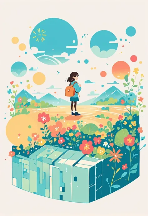 Stand on the rooftop，Girl with backpack on rooftop，The backpack is filled with happy spring，Simple lines，Minimalism，Abstract Art，City background