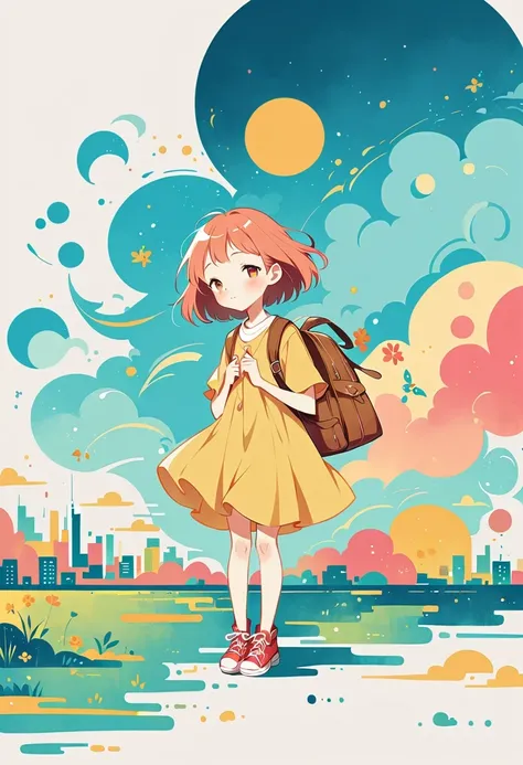 Stand on the rooftop，Girl with backpack on rooftop，The backpack is filled with happy spring，Simple lines，Minimalism，Abstract Art，City background