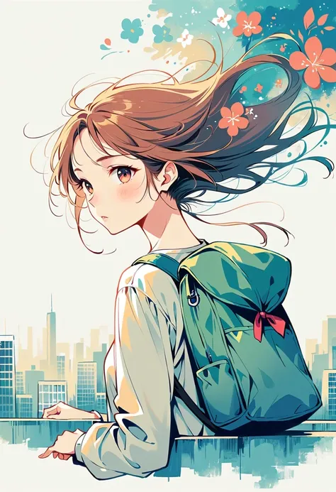 Stand on the rooftop，Girl with backpack on rooftop，The backpack is filled with happy spring，Simple lines，Minimalism，abstraction，City background