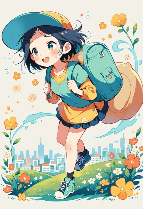 Stand on the rooftop，Girl with backpack on rooftop，The backpack is filled with happy spring，Simple lines，Minimalism，abstraction，City background