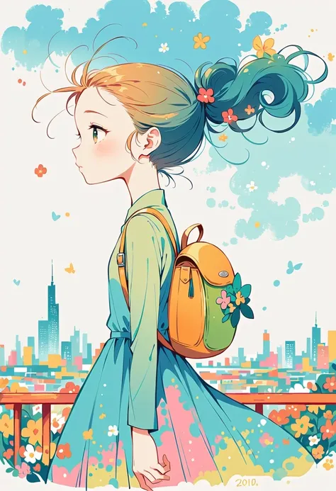 Stand on the rooftop，Girl with backpack on rooftop，The backpack is filled with happy spring，Simple lines，Minimalism，abstraction，City background